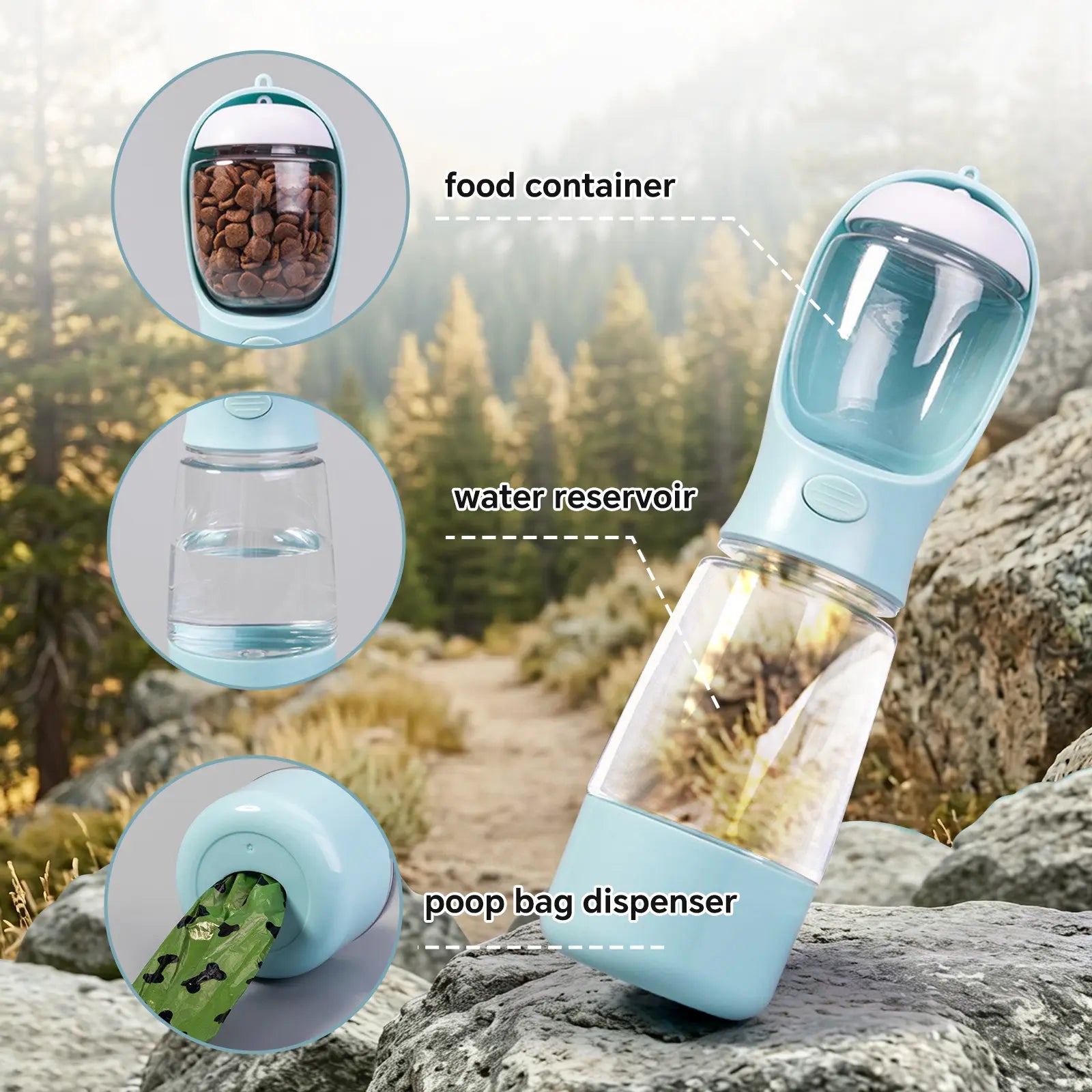 Portable 3-In-1 Dog Water Bottle, with 2 Rolls Waste Bags (30 Pcs Total), Food Container & Built-In Poop Bag Dispenser 