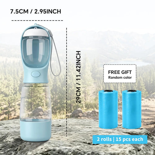 Portable 3-In-1 Dog Water Bottle, with 2 Rolls Waste Bags (30 Pcs Total), Food Container & Built-In Poop Bag Dispenser 