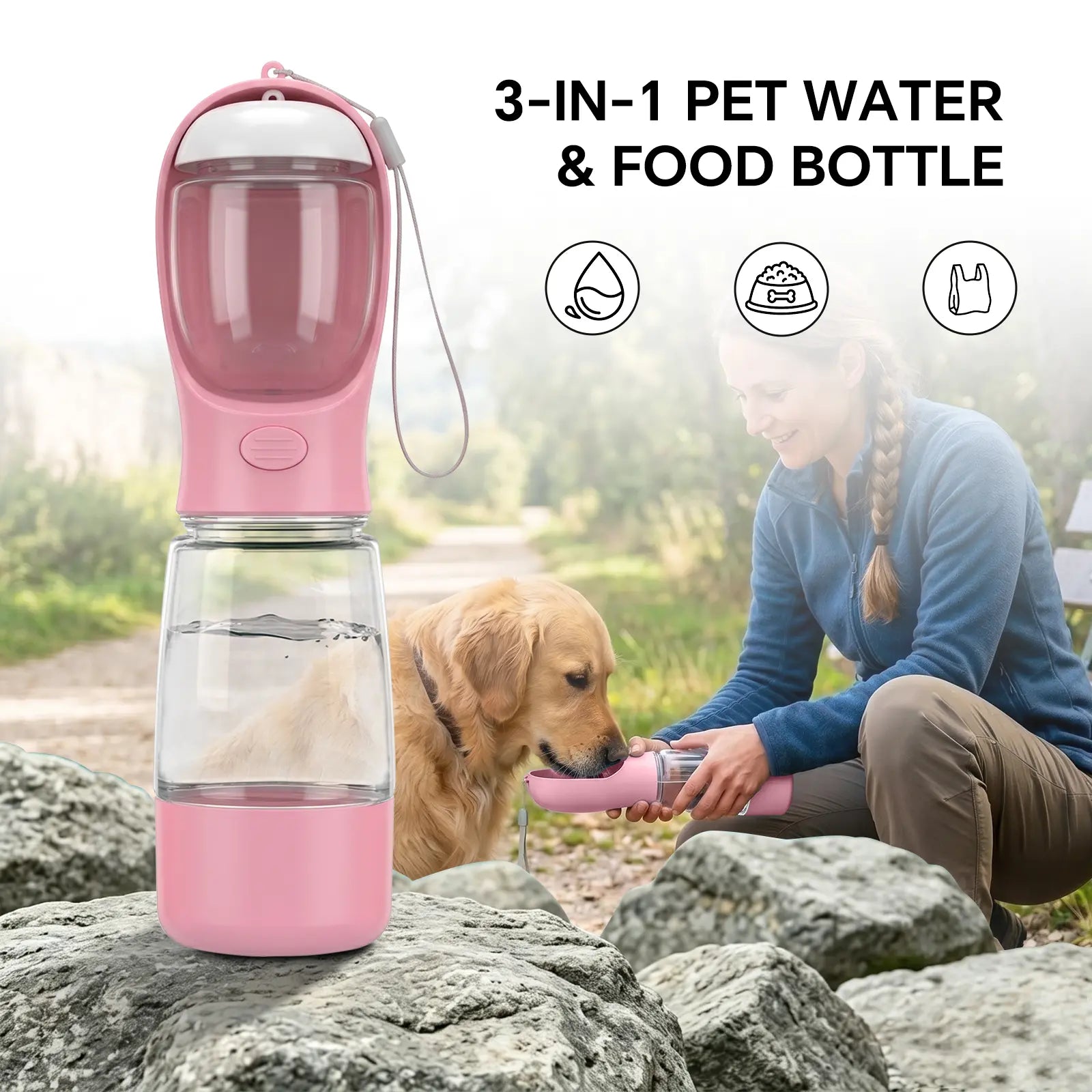 Portable 3-In-1 Dog Water Bottle, with 2 Rolls Waste Bags (30 Pcs Total), Food Container & Built-In Poop Bag Dispenser 