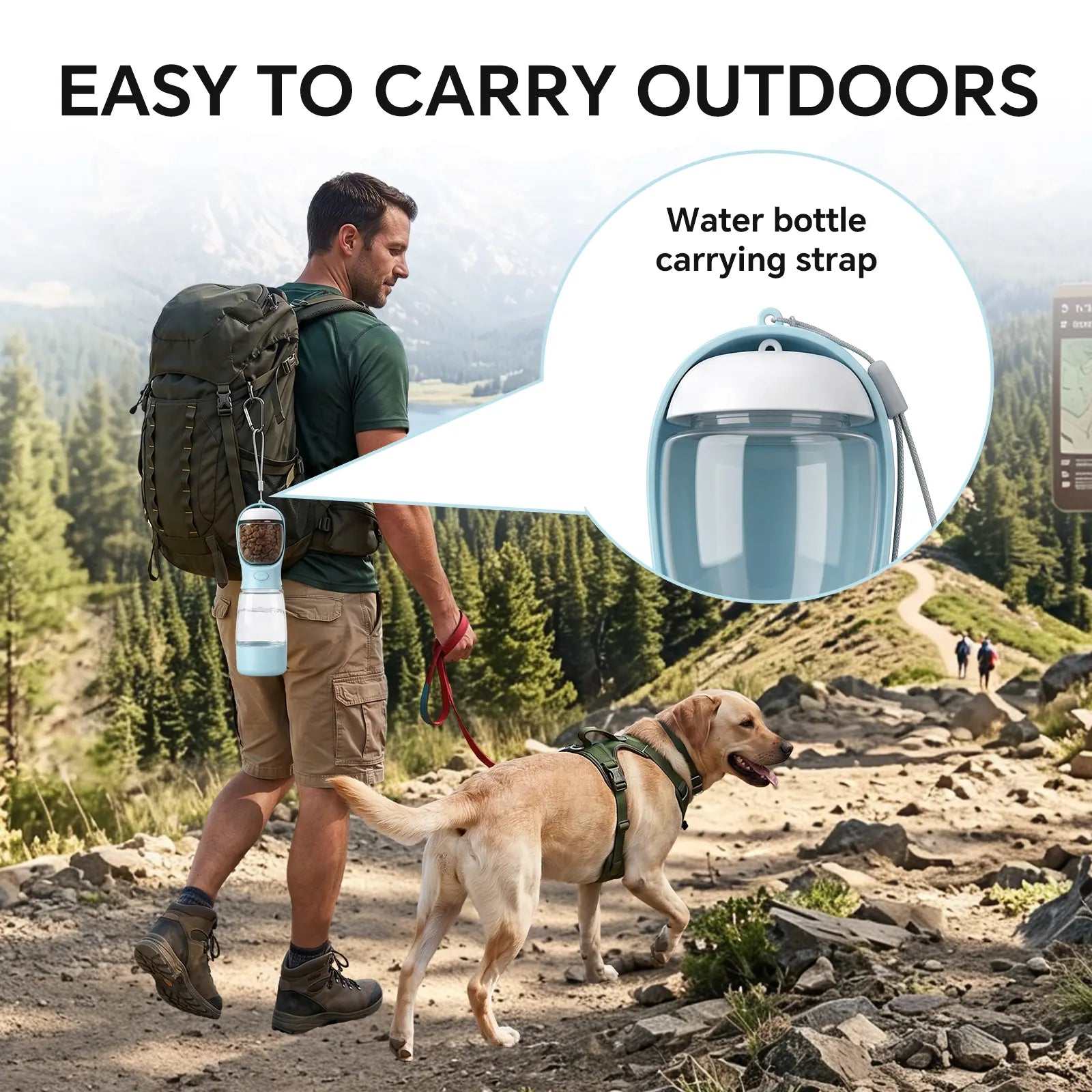 Portable 3-In-1 Dog Water Bottle, with 2 Rolls Waste Bags (30 Pcs Total), Food Container & Built-In Poop Bag Dispenser 