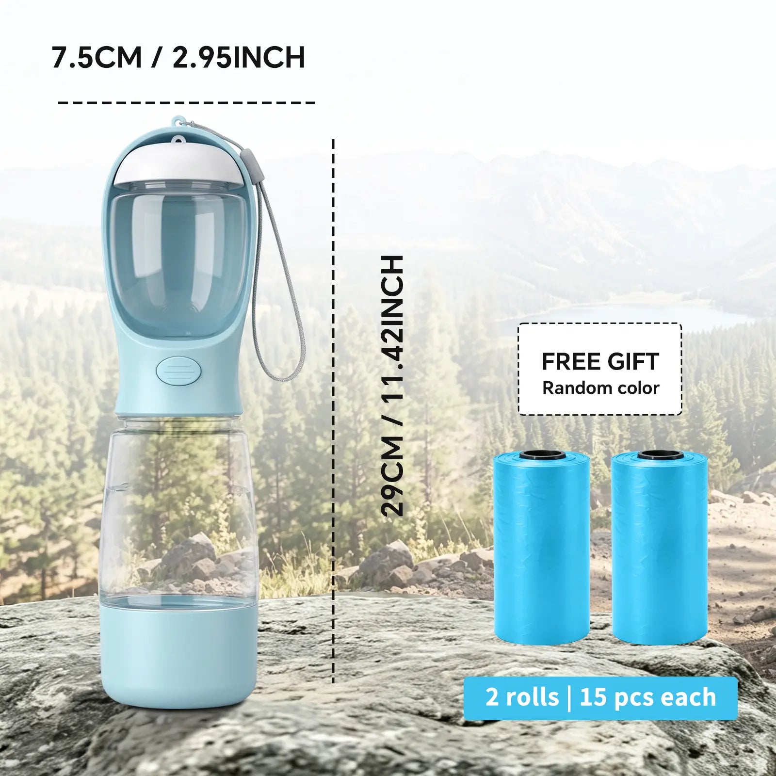 Portable 3-In-1 Dog Water Bottle, with 2 Rolls Waste Bags (30 Pcs Total), Food Container & Built-In Poop Bag Dispenser 