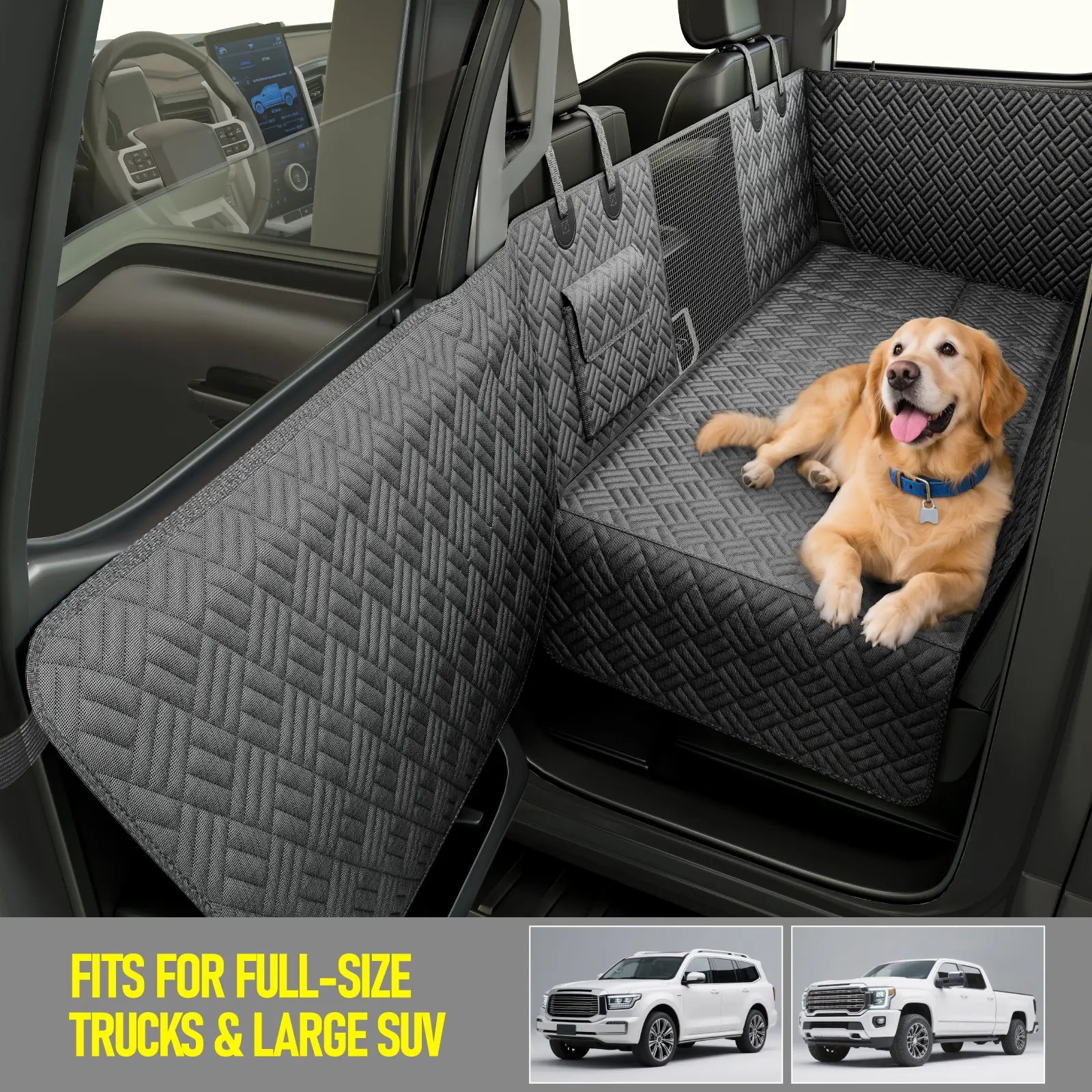 Premium Waterproof Dog Car Seat Cover with Reinforced Base, Supports Up to 400 lbs | Innovative Hammock Style Back Seat Extender for Cars, SUVs, and Full-Size Trucks (Available in Small and Large Sizes)